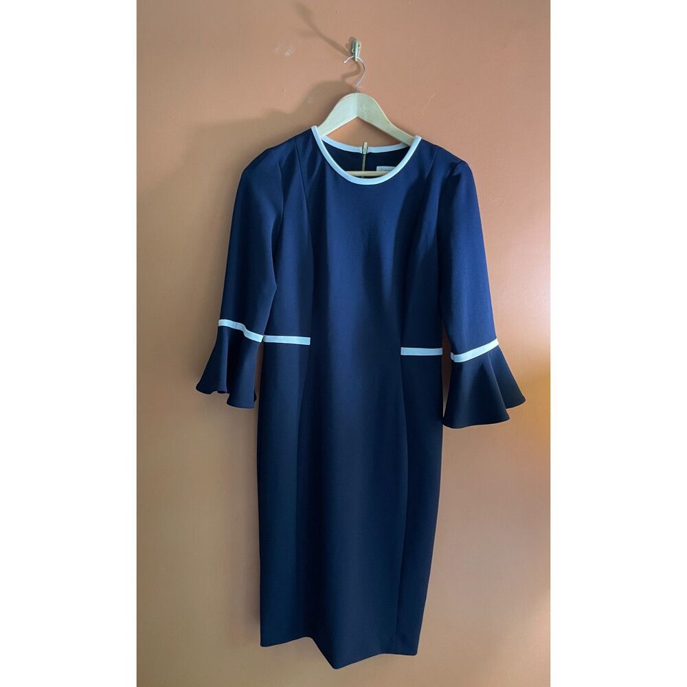 Calvin Klein Navy Blue Bell Sleeve Sheath Dress White Trim Size 8 formal career